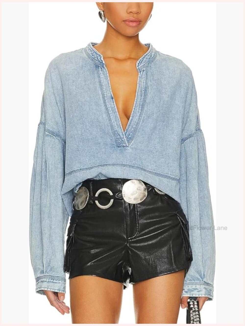 Deep V Neck Long Sleeve Denim Pullover Raw Hem Loose Fit Casual Top